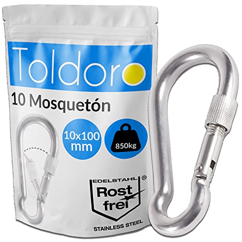 Toldoro® NIRO AISI 316 V4A - Mosquetones pequeños con cierre de rosca (100 mm, acero inoxidable, para columpio, hamaca o toldo, 10 unidades)