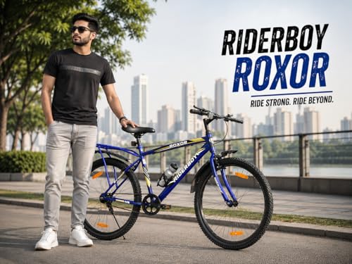 Image of RIDERBOY ROXOR 26T IBC Premium City Bike Cycle for Men & Boys with Inbuilt Carrier, Single Speed Bicycle with Rigid Frame, 18 Inch Frame, Cotton Tyre.(Blue)