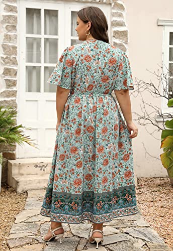 Image of Nemidor Womens Plus Size Maxi Dress Summer Boho Sundress Floral Print Flared Casual Long Dresses with Pocket