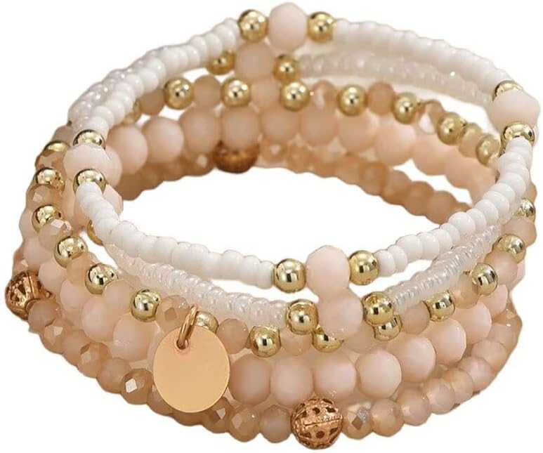 Zian Bohemian Stackable Beaded Bracelet Set for Women Colorful Adjustable Layered Bead Stretch Bracelets with Coin Charm Summer Beach Jewelry Gift