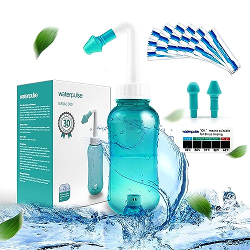 Flacon de rinçage nasal 300 ml Neti Pot Appareil d'irrigation nasale Système d'irrigation nasale et thermomètre autocollant pour adultes et enfants Sans BPA (300 ml avec 30 sachets de sel,Vert)