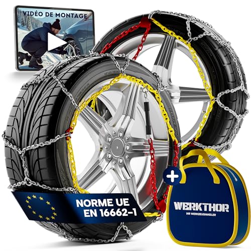 WERKTHOR Lot de 2 chaînes à neige homologuées pour voiture - Montage facile et adhérence optimale - Chaînes à neige en métal - Pour différentes tailles de pneus (WT 110)