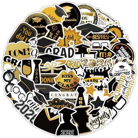50 PCS 2026 Graduation Stickers, Waterproof Vinyl Black & Gold Foil Graduation Decals for Laptop, Luggage, Skateboard, Phone, Fridge, Trendy Stickers for Teens, Adults, Graduates