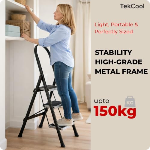 Image of TEKCOOL 3 Step Ladder for Home Use with Built-in Tool Tray | Heavy Duty D Shape Rods | 20 x 30 cm Large Platform | Wide Rubber Feet | Secure Lock | 150Kg Capacity Foldable Ladder