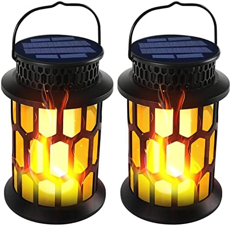 DONLINE Solar Lanterns Outdoor Waterproof Flickering Flame Hanging Solar Lantern Camping Solar Powered Lights Decorative Lights for Halloween Decorations Home Garden Patio Deck Yard Path, 2 Pack
