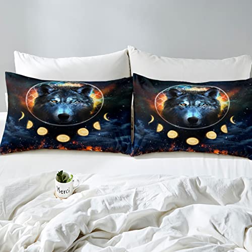 Wolf Bedding Set For Boys Kids Galaxy Wolf Comforter Cover Set 3D Wolf Duvet Cover Teen Man Room Decor, Animal Bedspread Cover Twin Size Dream Catcher Moon Lunar Eclipse Bedding With 1 Pillow Shams #TOP3