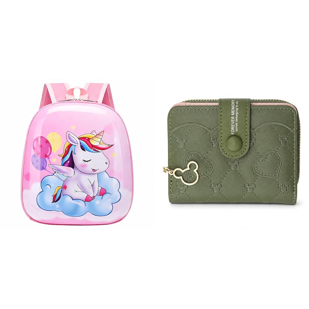 kids backpack – cute cloud unicorn design, waterproof school bag for 2 to 4 years school + women's short zipper buckle heart shaped wallet with key chain, cute for girls wallet coin &