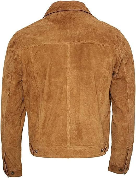 Image of Vintage Trucker Suede Leather Jacket Men - Classic Denim Biker Cafe Racer Causal Western Jacket