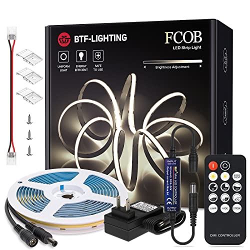 Image of BTF-LIGHTING FCOB COB LED Strip Light Super Bright Natural White 4000K | DC24V 16.4FT Dimmable CRI90+ Flexible LED Tape Light with Remote & Power Adapter for Bedroom Kitchen Home Indoor DIY Lighting