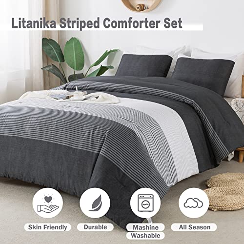 Litanika King Bed Comforter Set Black White Grey - 3 Pieces Lightweight Bedding Set For Boys Men, All Season Down Alternative Comforter (1 Comforter, 2 Pillowcases) #TOP3