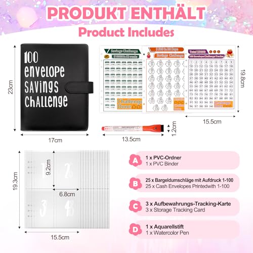 Fettwal 100 Envelope Saving Challenge, Sparbuch für Geld Challenge, A5 Geld Sparen Challengers Geldsparmappe, mit 3 Speicherkarten & Aquarellstift, Sparbuch für Haushaltsgeld Sparchallenge (Schwarz)