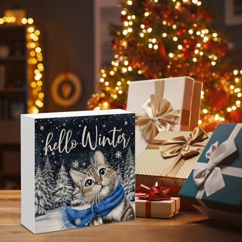 Image of Winter Cat Decor, Hello Winter Wood Box Sign, Seasonal Christmas Holiday Home Office Decorations for Desk Table Shelf 5 X 5 Inches