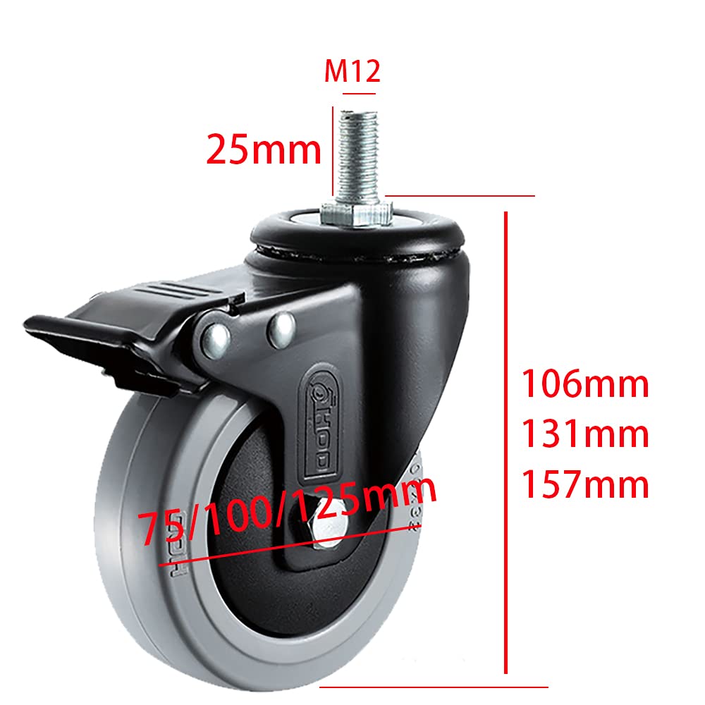 Ruote girevoli Rotella in Gomma per carichi Pesanti da 125 mm, Rotella Girevole M12 per mobili con Freno, capacità silenziosa 400 kg, Set di 4