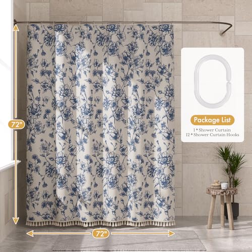 Image of AmazerBath Navy Blue Floral Shower Curtain, Modern Farmhouse Shower Curtain Set with Tassels, Rustic Faux Linen Shower Curtain Washable with Hooks for Cottagecore Style, 72x72 Inches