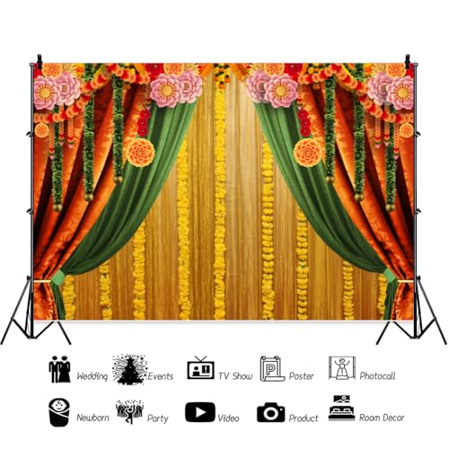 Image of Indian Pooja Backdrop Decorations Loctus Flowes Curtain Diwali Traditional Festival Ganpati Hindu Puja Backdrop for Wedding Party Bridal Shower Background Religious Photo Supply Vinyl 20x10ft