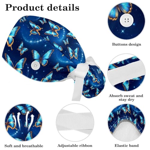 Image of Butterfly Scrub Cap Women with Ponytail & Buttons Adjustable Surgical Nurse Hat with Cotton Sweatband for Long Hair