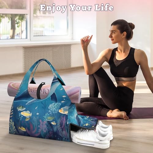 Yoga Tote Bag for Women Sea Animal Whale Beach Bag with Shoe Storage & Yoga Mat Strap Waterproof Weekender Duffle Bag for Travel Fitness Weekend Trips2