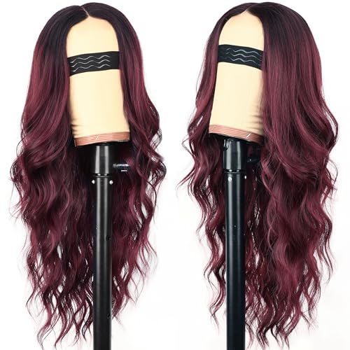 Image of AISI HAIR Wig for Women, Long Red Wavy Lace Hairline Middle Part Synthetic Heat Resistant Wig for Daily Party-26 Inch