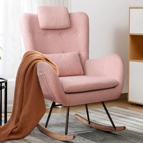 LEMBERI Rocking Chair Nursery, Teddy Upholstered Padded Seat Rocking Chair with Headrest, High Backrest Glider Accent Chair for Bedroom, Nursery, Living Room (Pink)