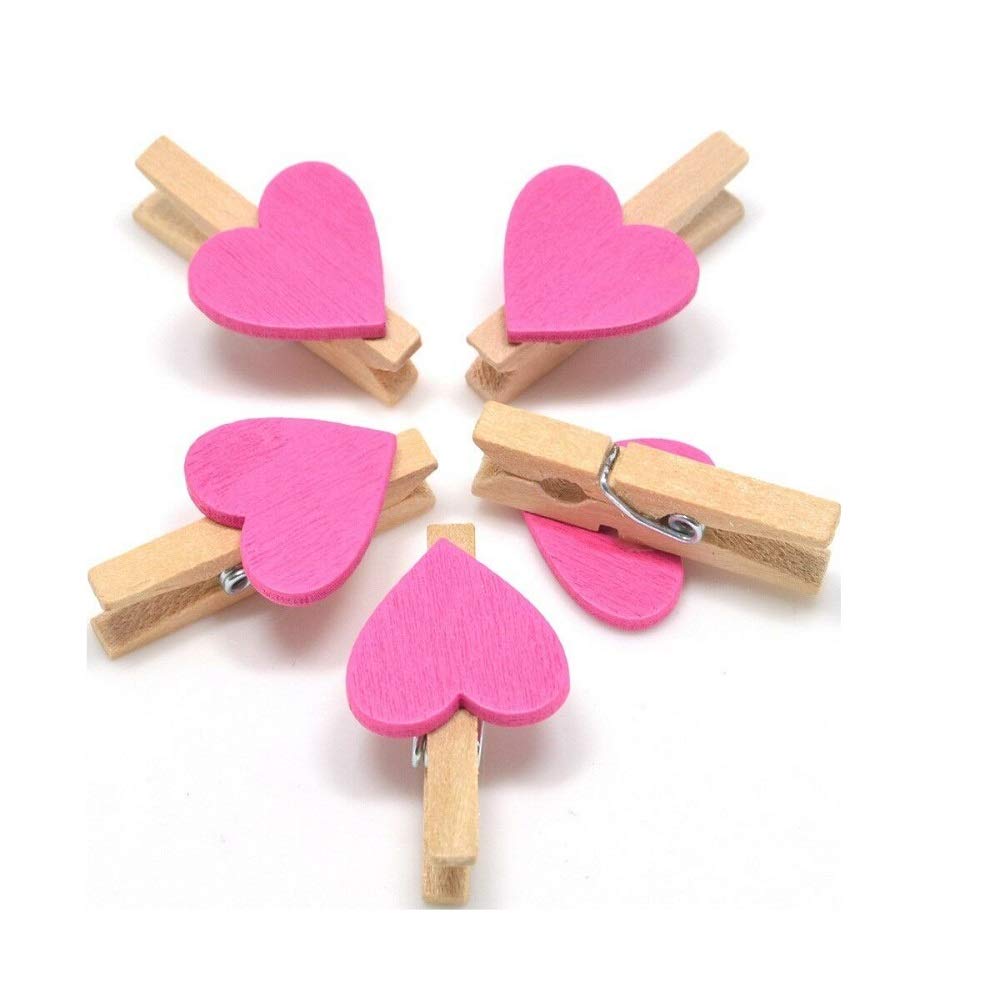 polybagstores PACK OF 25 - HOT PINK Coloured Hearts On NATURAL 30mm Wooden Pegs