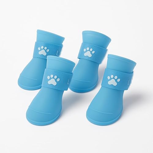 4 Pcs Cartoon Dog Shoes - Silicone Waterproof Rain Boots, Size L (Blue)