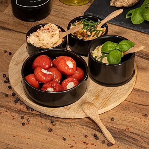 Moritz & Moritz 4X Black Dip Bowl Set with Wooden Tray - Snack Bowls Set Ceramic - Serving Set with Spoons - Image 5