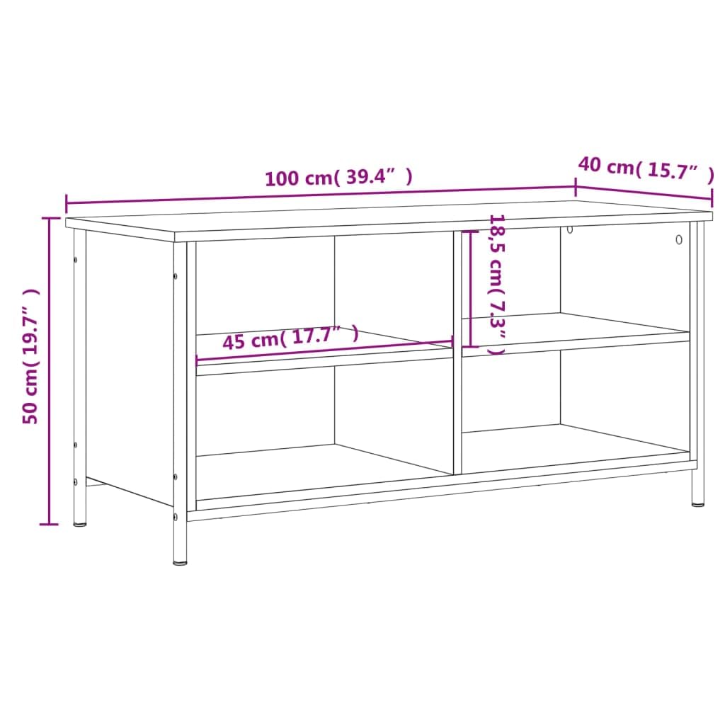 Mobile TV grigio rovere sonoma 100 x 40 x 50 cm, in plastica a base di legno, 4 ripiani aperti, piedini in ferro, stabile e resistente all'umidità, ideale per riporre DVD