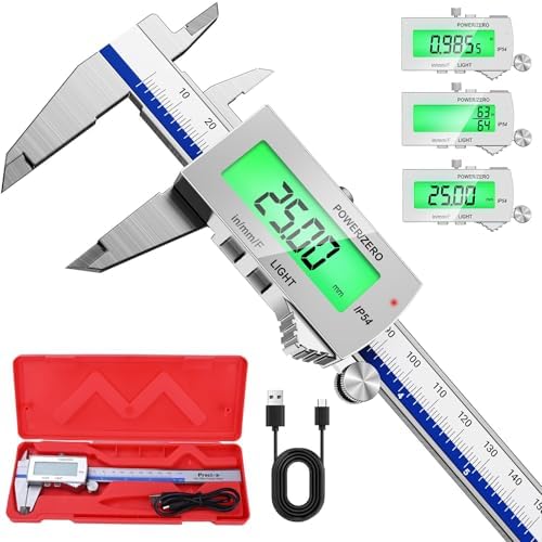 Preciva Backlight Digital Caliper, 6 Inch Rechargeable Electronic Micrometer with IP54 Waterproof and Large LCD Screen Conversions for in/MM/F Precision Measuring Tool for DIY/Professional Use