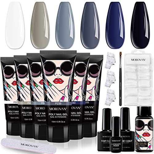 Morovan Poly Nail Gel Kits 6 Colors Poly Gel Kits with 100 Pcs Double Nails Form Top and Base Coat Slip Solution Nail Pr