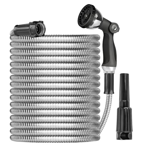 Ainpota Metal Garden Hose Water Hose 100ft Heavy Duty Stainless Steel Water Pipe with Sprayer & Nozzle Flexible Lightweight Hose No Kink Pet Proof Hose for Yard Outdoors Rv