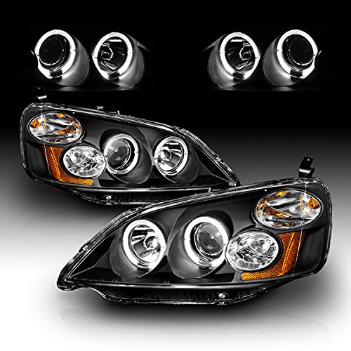AmeriLite Projector Headlights Halo Black Amber for Honda Civic - Passenger and Driver Side