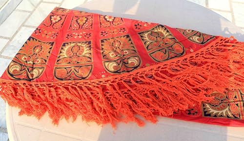 Image of Dining Round Tablecloth, Red, 75 inch, 4-6 Seater, RHF-5008 | 100% Cotton, Multicolor Floral Bird Printed, White Fringed Lace Border