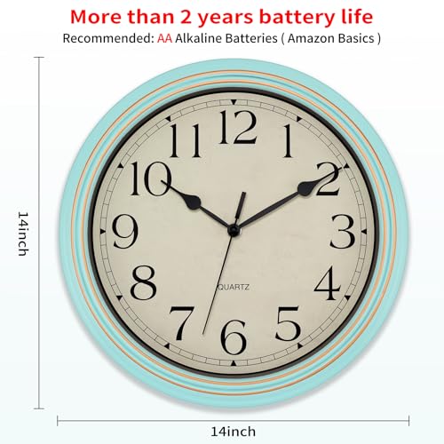 Image of Foxtop 14 Inch Wall Clock Battery Operated Silent Non-Ticking Round Classic Vintage Retro Wall Clock Decorative for Living Room Kitchen Home Office (Light Turquoise)