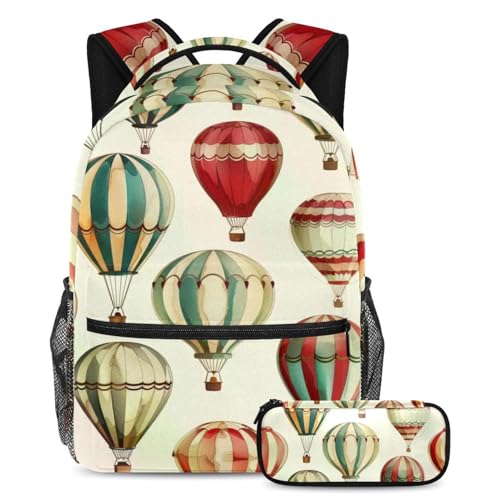 Sac d'école Montgolfières colorées grand sac à dos contre les cahiers cornés avec trousse