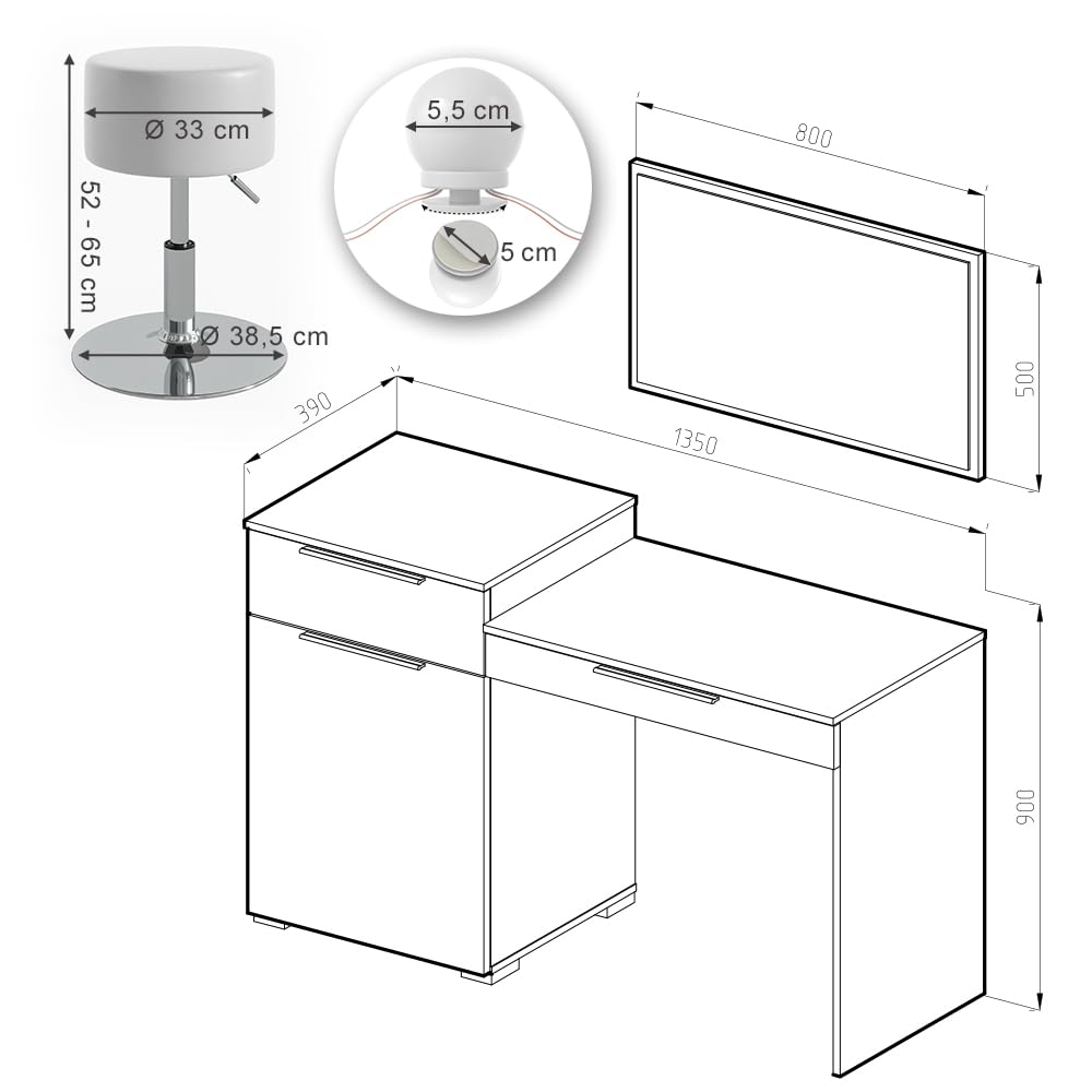 TABLE DE MAQUILLAGE AZUR COMMODE DE COIFFEUSE LED BLANC TABOURET