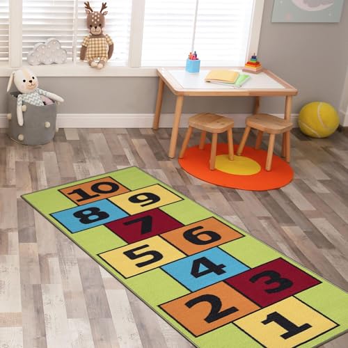 Ottomanson 2'7' x 6' Hopscotch Kids Rug - Play Mat for Playroom, Bedroom, Daycare & Classroom - Fun & Interactive Game Carpet - Durable and Non-Slip - Perfect for Learning & High-Traffic Areas, Green