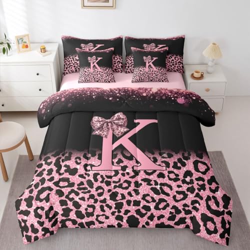 Image of Feelyou Pink Leopard Bow Comforter Set King Size 7 Pieces Initial Letter K Bedding Set for Kids Boys Girls Girly Bowknot Bed in a Bag with Comforter, Sheets, Pillowcases, Cushion Covers Bedroom Decor