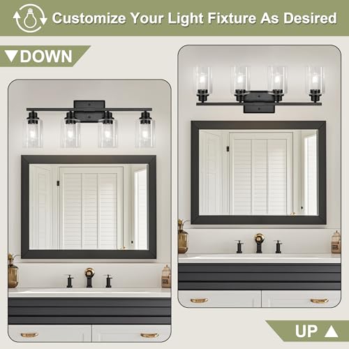 Image of Unicozin Modern Bathroom Light Fixtures, 4 Light Vanity Lights Over Mirror, Black Wall Lamp with Clear Glass for Living Room Cabinet Bedroom Porch