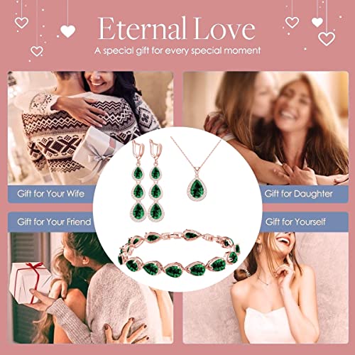 Lmxxvj Rose Gold Plated Women's Jewelry Sets - Teardrop Created Green Emerald Necklace Long Earrings Bracelet Set Party Wedding Birthday/Anniversary Mother’s Day Birthstone Stone Jewelry Gifts For Mom/Wife/Sister/Best Friend #TOP3