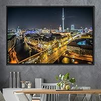 Framed Canvas Wall Art City Illuminations Aerial Cityscape Contemporary Multicolor Photography Places Realism - 16x24 inches
