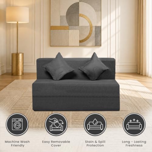 Image of Seventh Heaven Rejioce 2 Seater 4 * 6 Jute Fabric Washable Cover Sofa Cum Bed with 2 Cushions 2 Seater Double Foam Fold Out Sofa Cum Bed (Finish Color - Dark Grey Delivery Condition - Pre-Assembled)