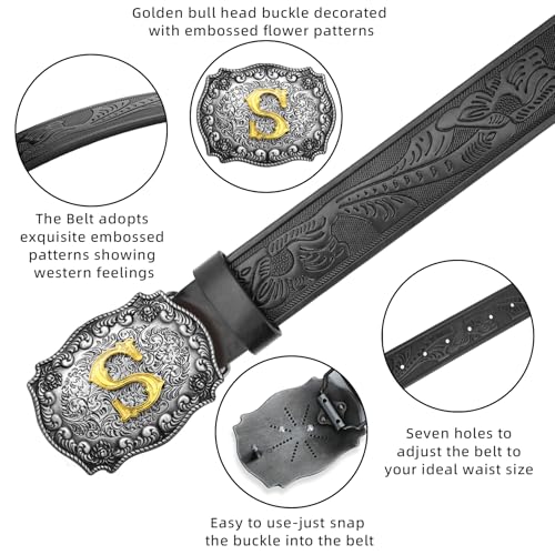 Image of Mens Western Cowboy Cowgirl Faux Leather Belt Longhorn Bull Pattern Letter Big Buckle Embossed Floral Belts