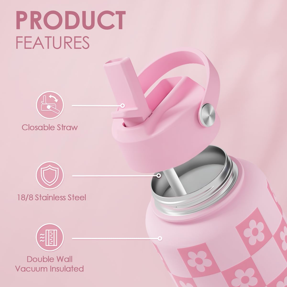 Checkerd Daisy Bottiglia d'acqua 950 ml in acciaio inox con coperchio cannuccia isolata, regalo per donne, ragazze, amici, compleanno, Natale