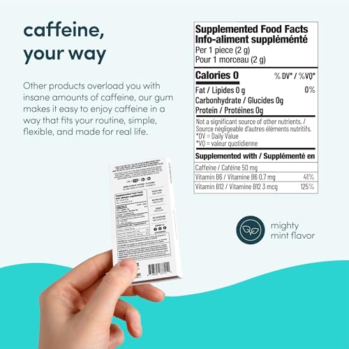 Image of ZENERGY Energy Gum - Mint Flavor | 50mg Caffeine + 35% B6 and 45% B12 Vitamin | Vegan, 0 Sugar, 0 Calories, 0 Gluten, 0 Aspartame, Non-GMO, Instant Action | 9 Pack : 24 Count