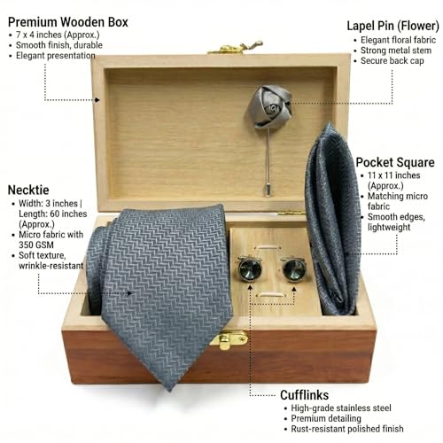 Image of Men's Necktie Gift Set with Wooden Box | Premium Tie, Pocket Square, Cufflinks & Lapel Pin | Elegant Formal Accessories Gift for Men