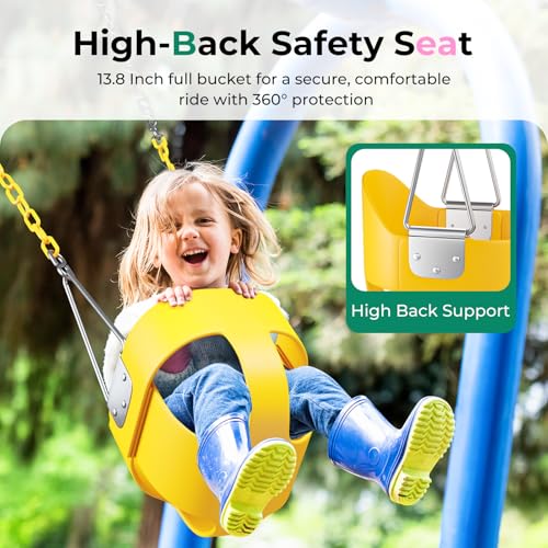 Image of DECORLIFE Toddler Swing - High Back Full Bucket Seat for Ages 1-3, 330lb Capacity, Baby Infant Swing Outdoor with Safety Design, Plastic-Coated Chains, Carabiners for Backyard, Garden-Yellow
