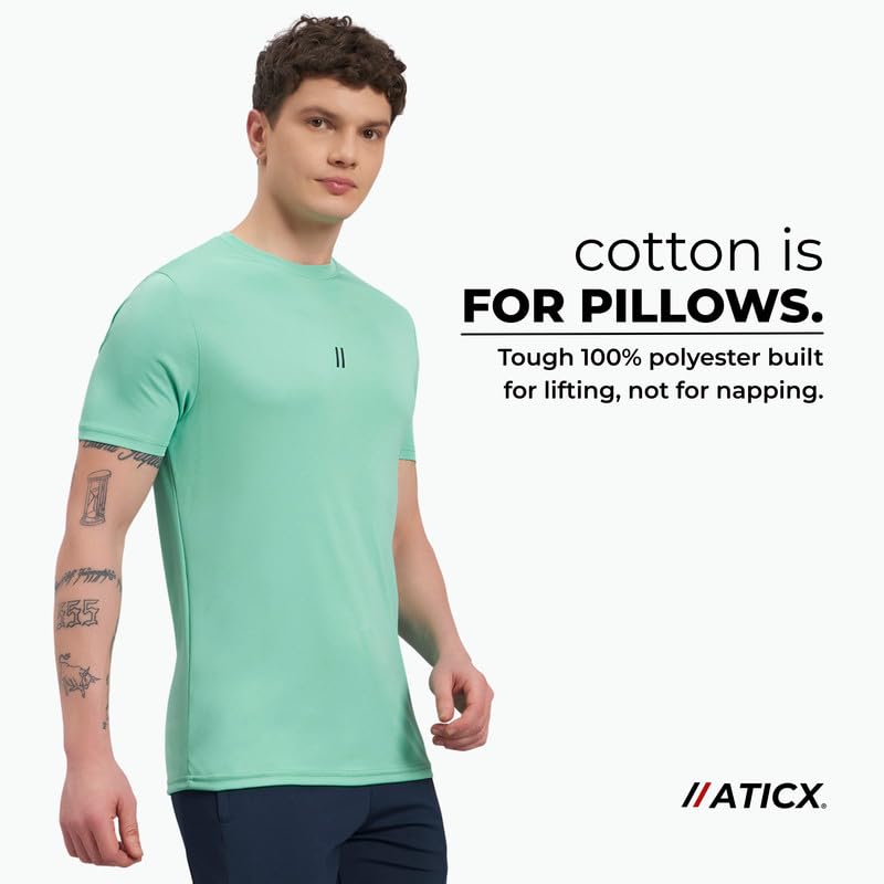Image of ATICX Slim Fit Polyester Sports T-Shirt for Men - Round Neck Quick Dry Fit Half Sleeve Breathable Stylish Gym & Workout Tee - Lightweight Running Cycling Football Swimming Training Sportswear Top
