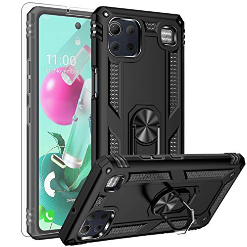 YZOK for LG K92 5G Case,with HD Screen Protector, [Military Grade] Ring Car Mount Kickstand Hybrid Hard PC Soft TPU Shockproof Protective Case for LG K92 5G (Black)
