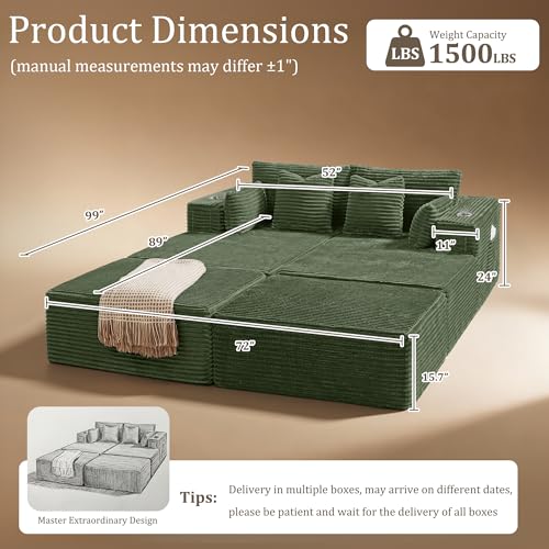 Image of 72 inch Cloud Sectional Couch, Comfort Sleep Sofa for Living Room, Extra Deep Seats No Assembly, Minimalist Modular Couch, Corduroy (Olive Green, Extend Loveseat Chaise)