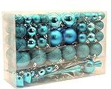 Geschenkestadl - Palline di Natale a forma di cuore con fiocco di neve, 101 pezzi, con 100 ganci in metallo, turchese, Diametro: 3/6/4 cm